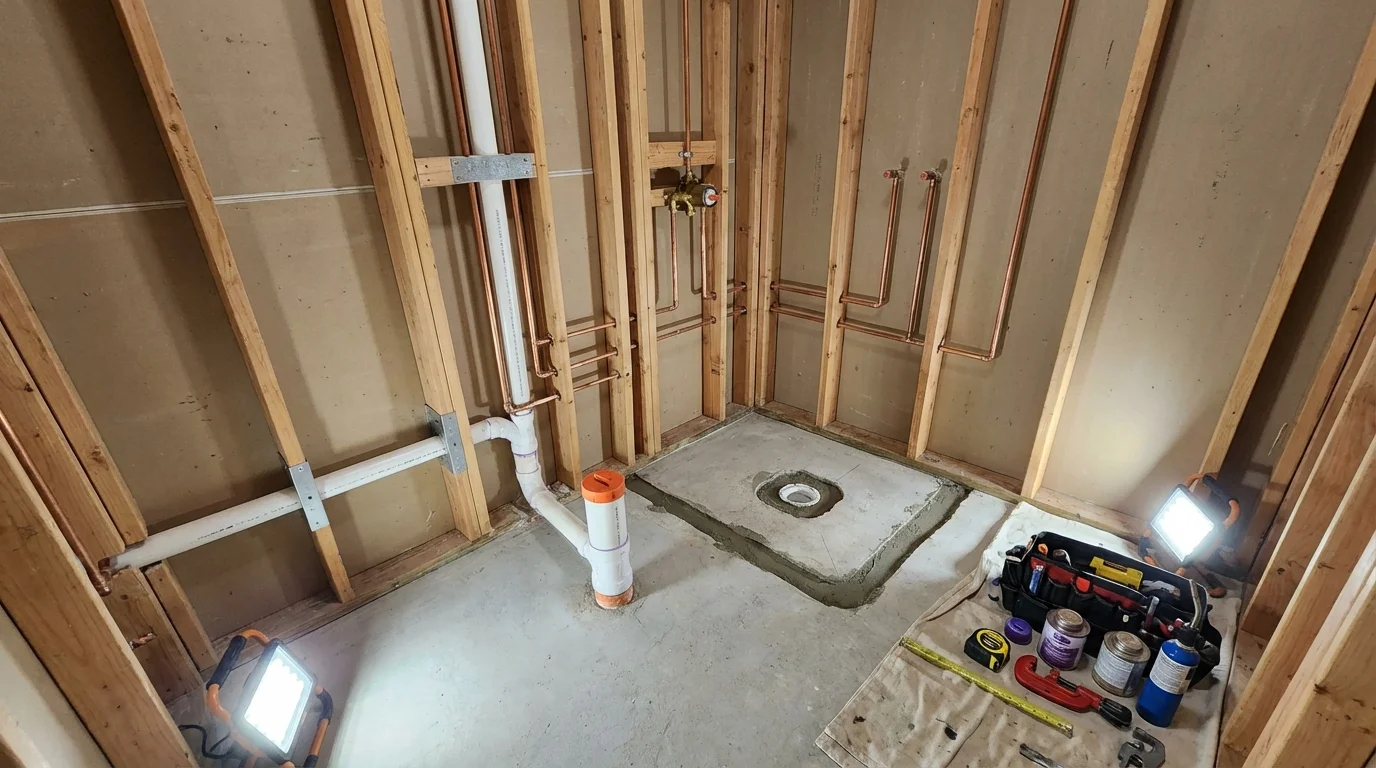 Bathroom rough-in plumbing during remodel by Johns Plumbing LLC in Arkansas City