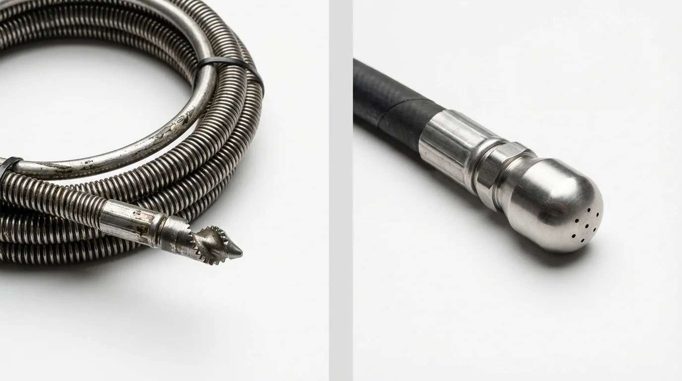 Drain snake cable and hydro jetting nozzle used for drain cleaning in Arkansas City, KS