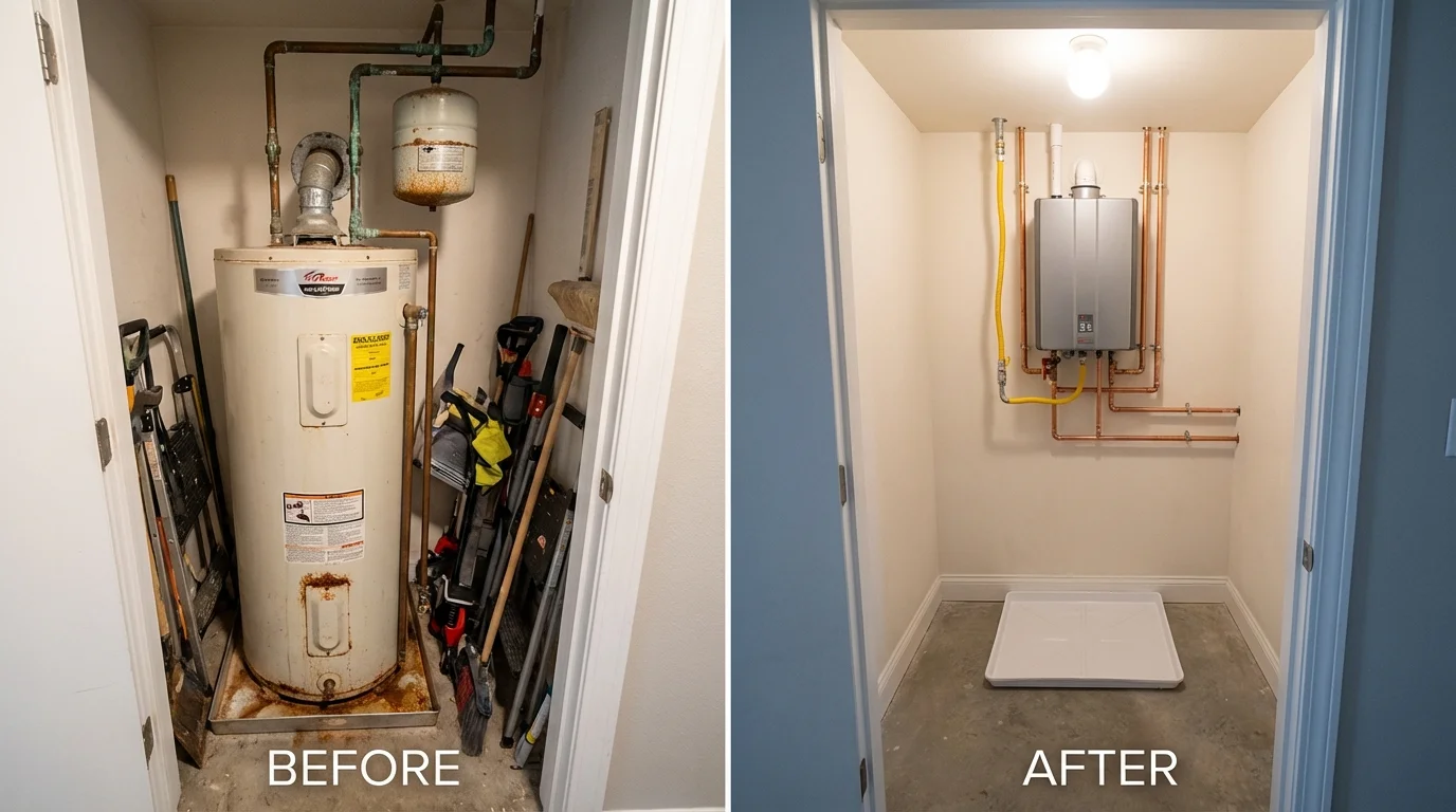 Tank water heater versus wall-mounted tankless unit comparison for Arkansas City, KS homeowners