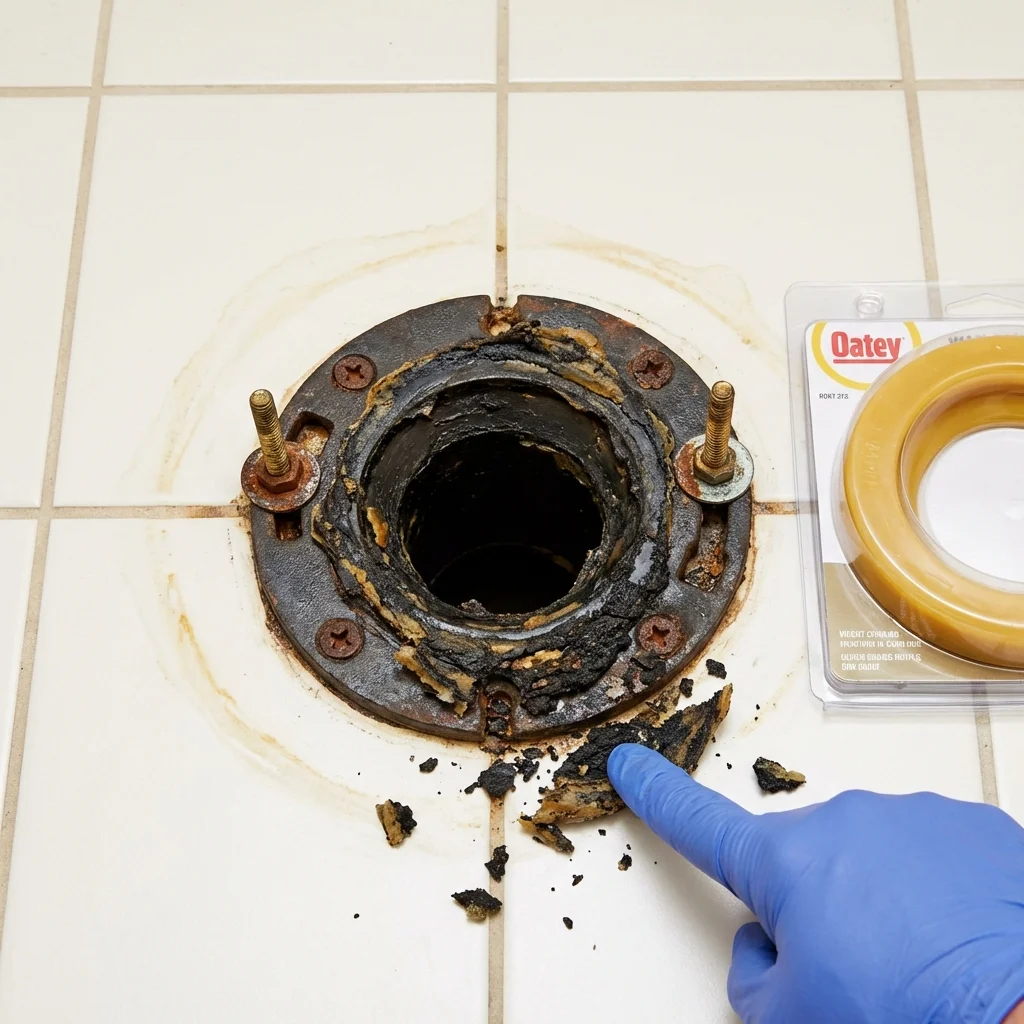 Failed wax ring showing water seepage at the base of a toilet in a Arkansas City, KS home