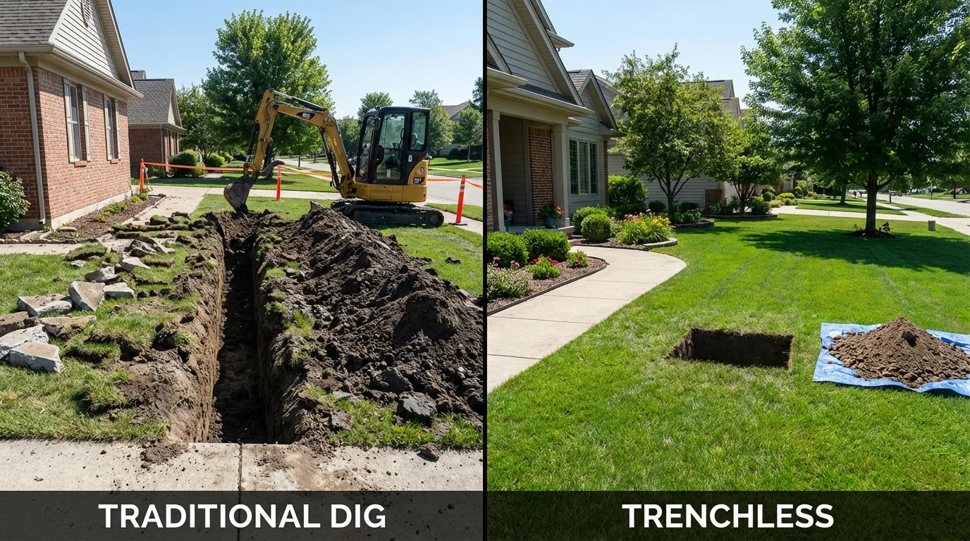 Trenchless sewer repair with minimal yard damage versus traditional excavation in Arkansas City, KS