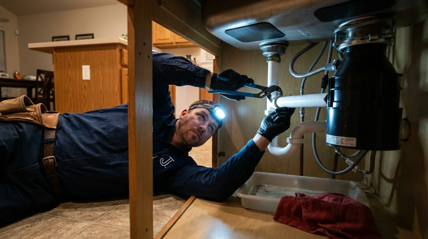 P-trap and supply line connections under a kitchen sink showing a common leak point in Arkansas City, KS